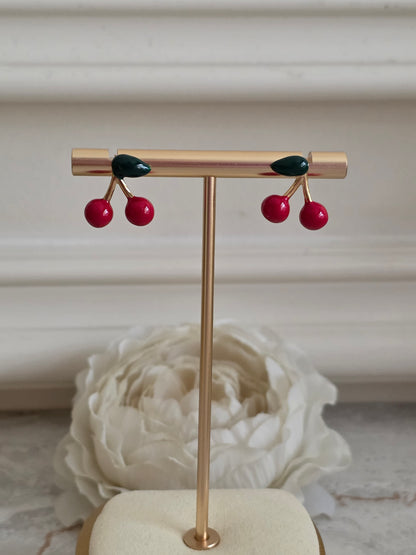 Gold and enamel cherry earrings