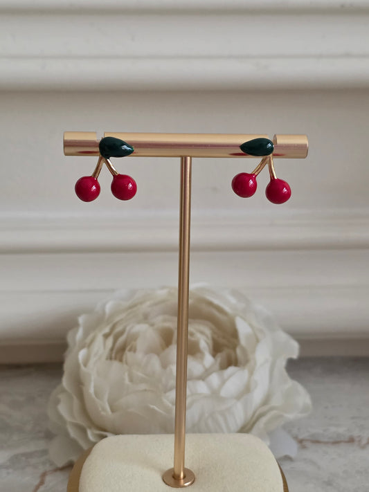 Gold and enamel cherry earrings