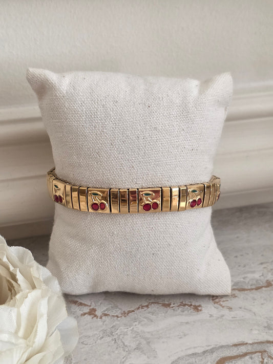 Gold stretch band cherry bracelet