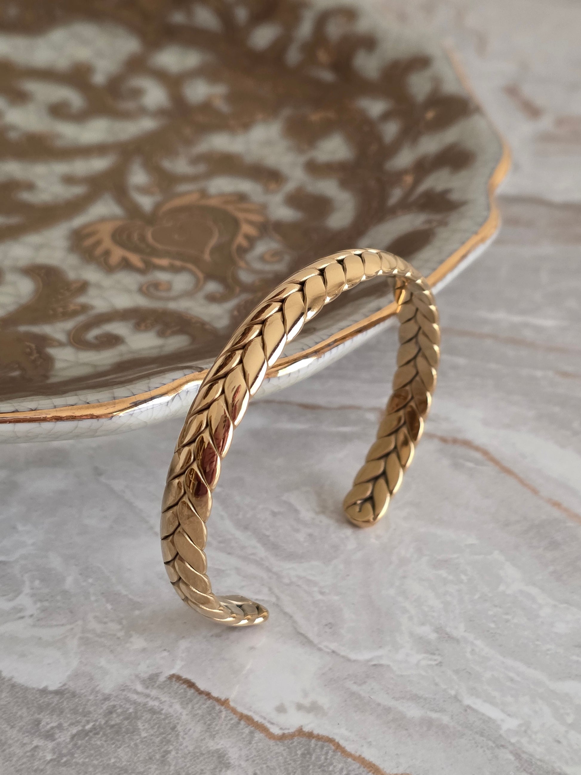 gold herringbone inspired cuff bangle