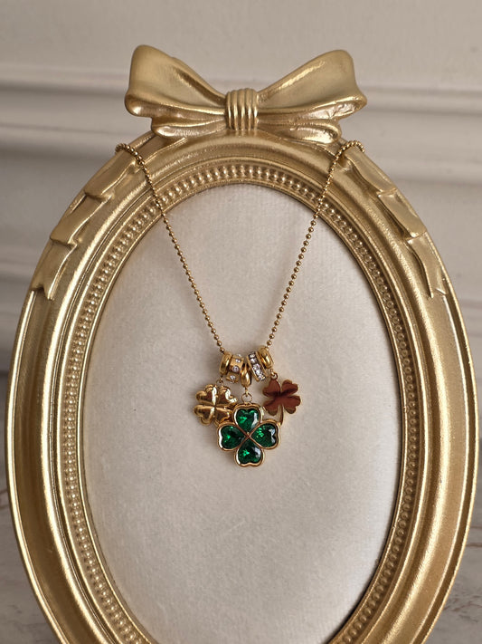 Gold green Cubic zirconia clover necklace